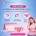 Banner showing causes of irregular menstrual cycle, symptoms like hormonal imbalance, heavy bleeding and pelvic pain with treatment options