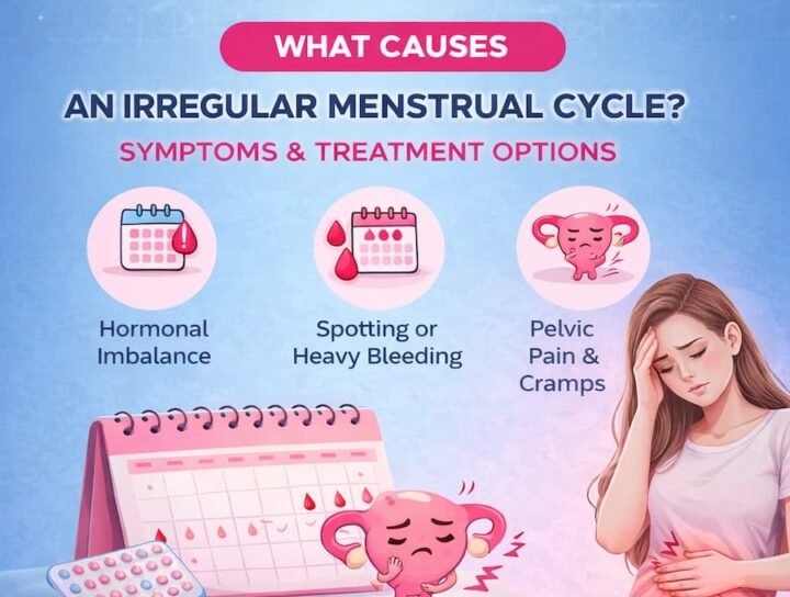 Banner showing causes of irregular menstrual cycle, symptoms like hormonal imbalance, heavy bleeding and pelvic pain with treatment options
