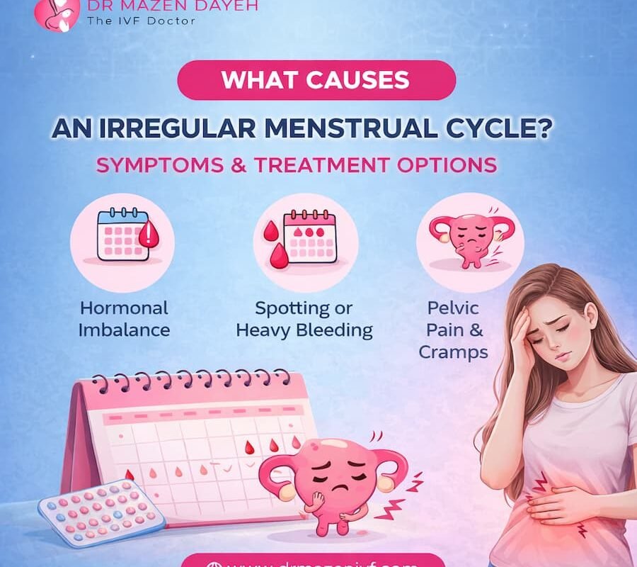 Banner showing causes of irregular menstrual cycle, symptoms like hormonal imbalance, heavy bleeding and pelvic pain with treatment options