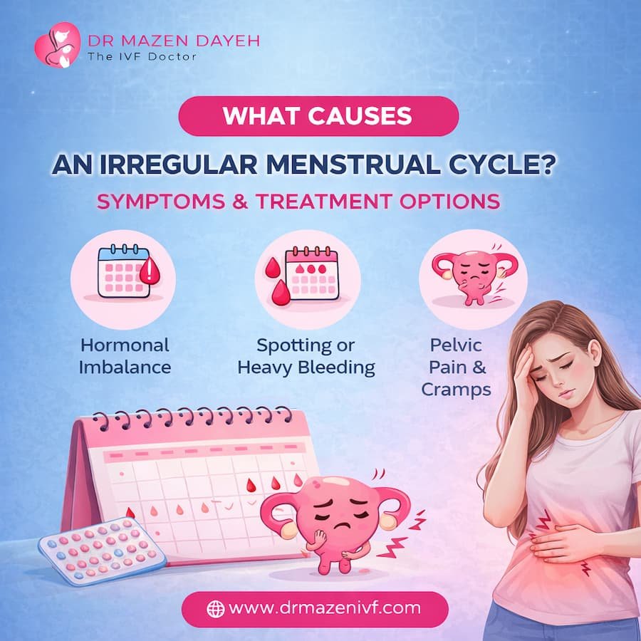 Banner showing causes of irregular menstrual cycle, symptoms like hormonal imbalance, heavy bleeding and pelvic pain with treatment options