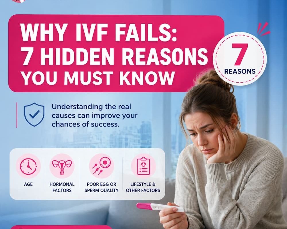 Woman looking worried while holding a pregnancy test with text “Why IVF Fails: 7 Hidden Reasons You Must Know” on a blue and pink medical banner