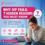 Woman looking worried while holding a pregnancy test with text “Why IVF Fails: 7 Hidden Reasons You Must Know” on a blue and pink medical banner
