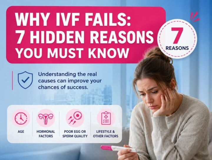 Woman looking worried while holding a pregnancy test with text “Why IVF Fails: 7 Hidden Reasons You Must Know” on a blue and pink medical banner